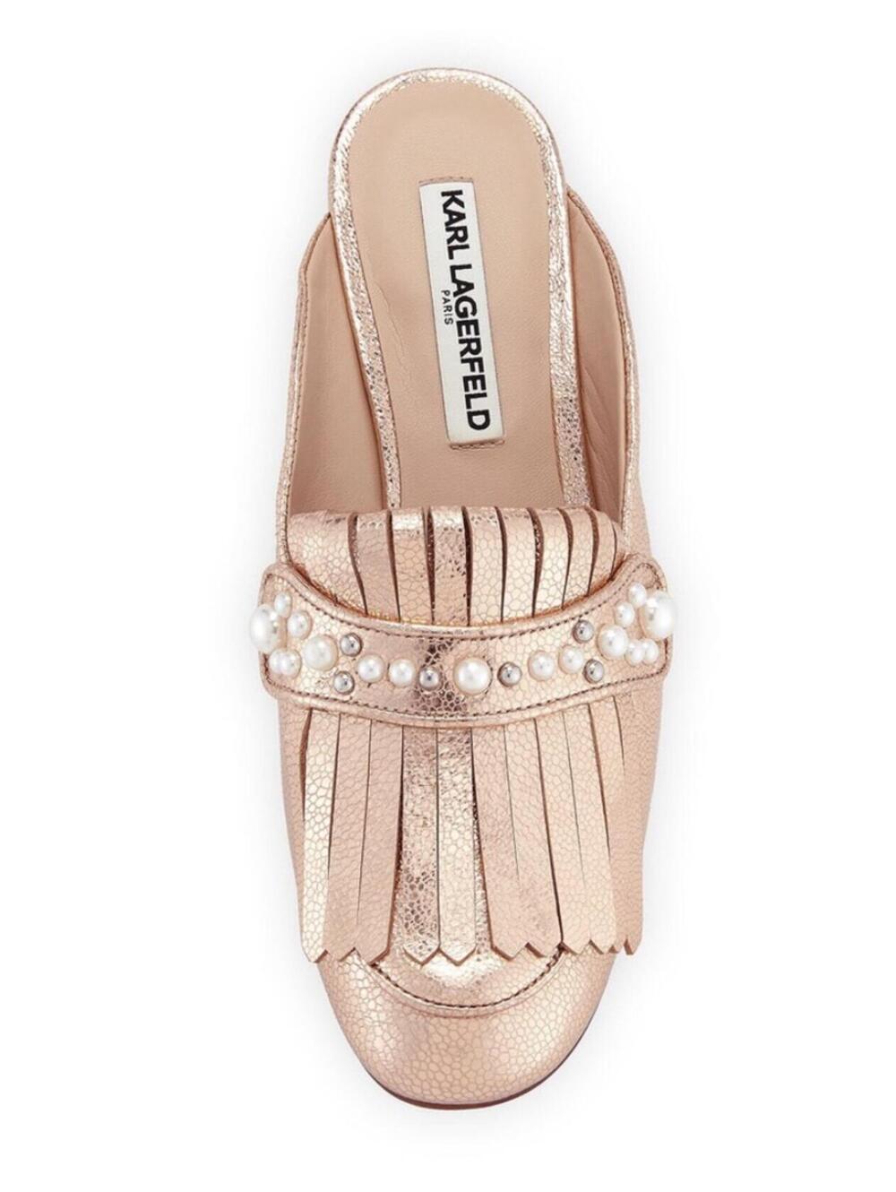 Karl Lagerfeld Becky Gold Metallic Leather Fringed Slip On Loafers w/ Pearls